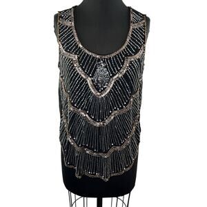AWAKE Couture Black Beaded Sequin Embellished Sleeveless Blouse Sheer Evening M